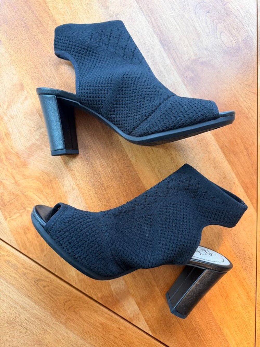 Life Stride Black Knit Slingback Heels Peep Toe Block Heel Patterned Size 8 NIB